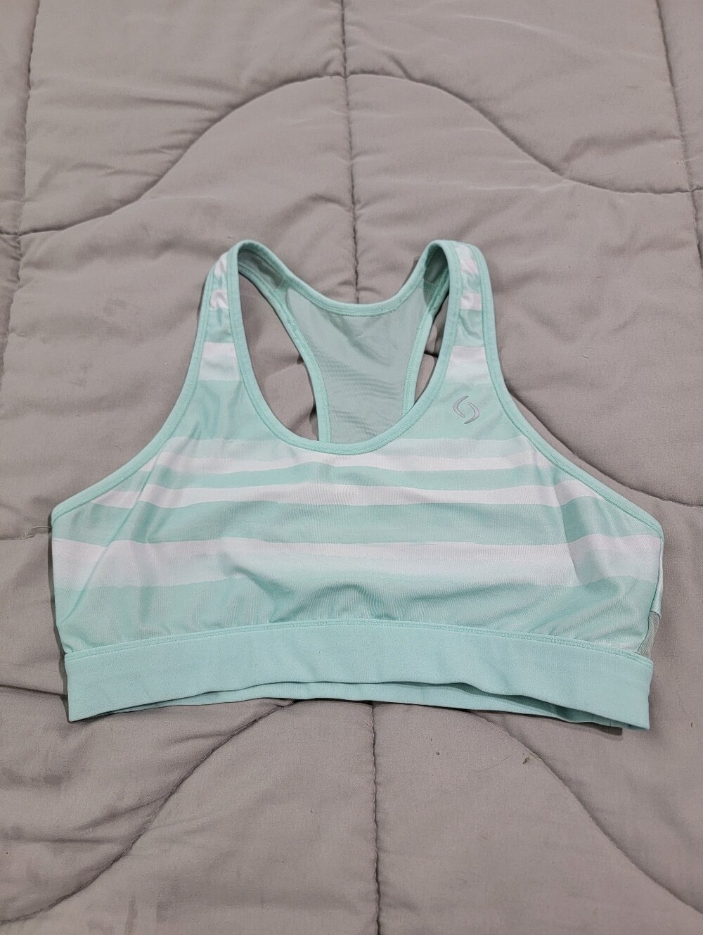 Brooks Sureshot Racer Teal & White Striped Racerback Sports Bra - Size Large